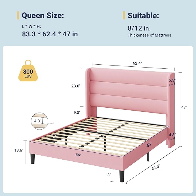 Allewie Queen Size Platform Bed Frame with Velvet Upholstered Wingback Headboard, No Box Spring Needed, Under Bed Storage Space, Strong Wooden Slats, Modern Mattress Foundation, Easy Assembly, Pink