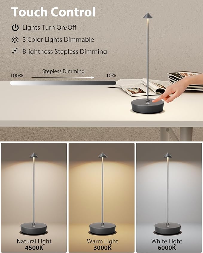 Cordless Table Lamps Rechargeable, 6000mAh Battery Operated LED Desk Lamp Outdoor Waterproof Portable Touch Dimmable Table Light for Patio Restaurant Dining Home Set of 2 Grey