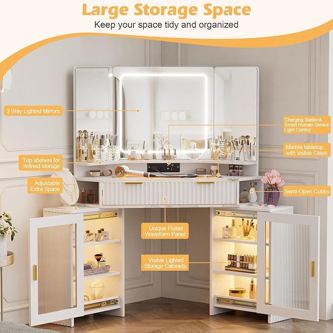 Corner Vanity Desk with 3 Way Mirror & LED Light, Fluted Makeup Vanity with Glass Top, Charging Station, Large Drawer & 2 Sliding Storage Cabinets with Human Sensor Light, White Marble