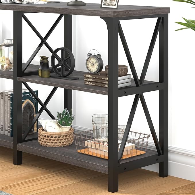 IBF Long Console Table, Industrial Entryway Table with Storage Shelves, Modern Metal Wood Sofa Table Behind Couch, Farmhouse 3 Tier Foyer Hallway Table for Entry Living Room, Dark Gray Oak, 63 in