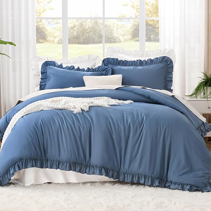 Litanika Ocean Blue King Size Comforter Set, 3 Pieces Ruffle Farmhouse Aesthetic Bedding Comforter Set, All Season Soft Lightweight Fluffy Microfiber Bed Set(104x90In Comforter, 2 Pillowcases)