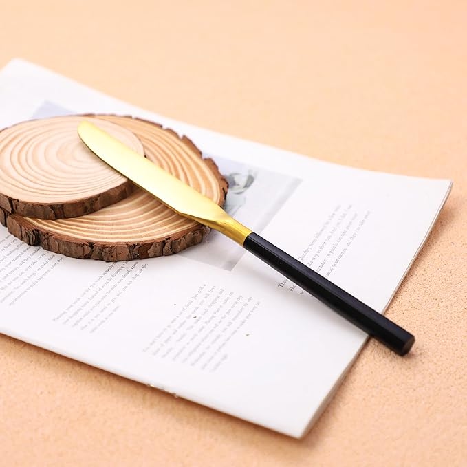 Matte Silverware Set Gold Flatware Set with Hexagon Handle 20 Pieces 18/0 Stainless Steel Cutlery Set Wedding Housewarming Gift Service for 4 (Matt black gold)