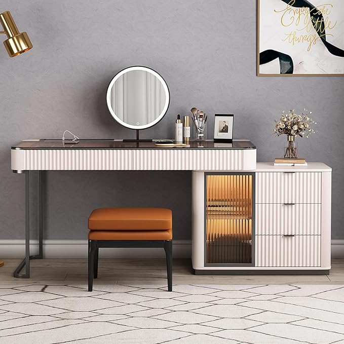 Larits Makeup Vanity, Very Easy to Assemble，Dressing Table Desk in one, Super Storage, with LED Light Vanity Mirror with ash Full Solid Wood upholstered Vanity Stool (Ivory White, 53 in)