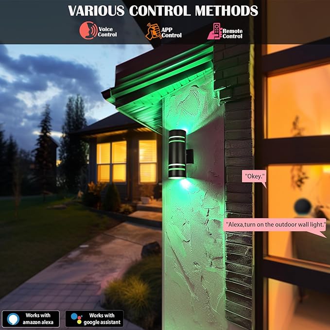 Smart RGB Outdoor Wall Lights, 2 Pack Front Porch Light Fixtures, Cylinder Up and Down Lights Outdoor Wall Sconce, Exterior Lighting Fixture Compatible with Google Assistant Alexa