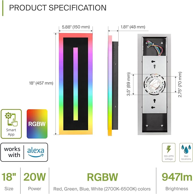 ASD LED 18" Long Wall Mount Light Fixture, Outdoor & Indoor Linear Sconce | RGBW, Smart, Waterproof, Anti-Rust, ETL Listed | 20W 950LM 2700-6500K 100-277V | Exterior Porch Lighting | Black