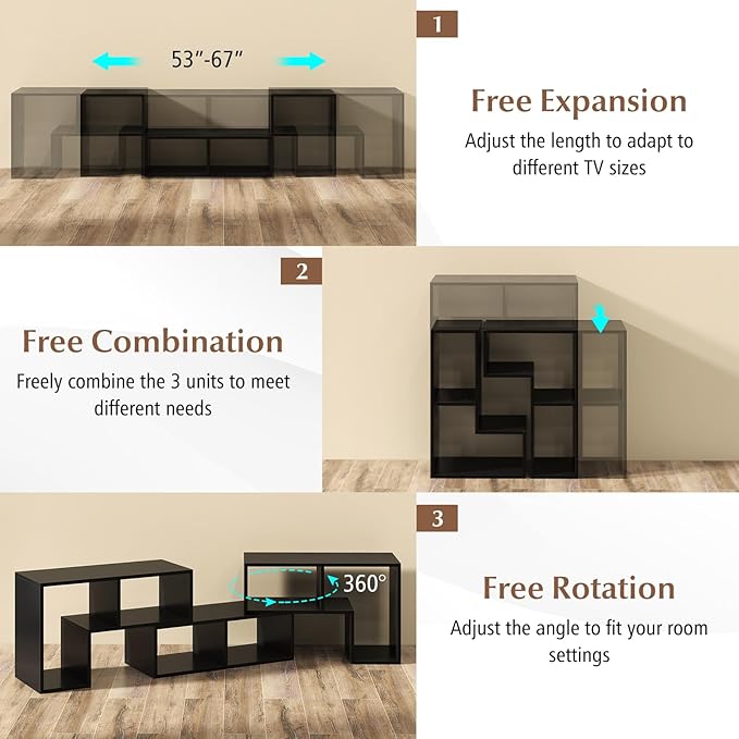 Giantex Free-Combination TV Stand for Bedroom - Entertainment Center for 50 55 60 65 Inch TV, 3-Piece Media Console Table with Storage Cubes, Deformable Open Storage Bookcase Shelf (Black)