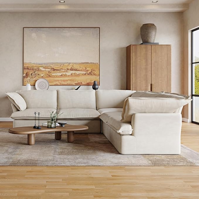 JACH V-Shaped Beige Cloud Couches, Convertible Modular Sofas, Minimalist Deep Seat Sofa, Down Fill Sectional, Couch Sofa Furniture for Living Room, Office, Apartment
