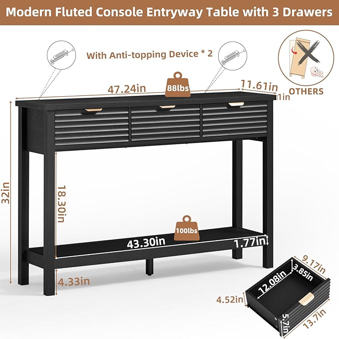 LEYAOYAO Fluted 47.2" Console Table with 3 Drawers, Modern Wood 2 Tier Entryway Table with Open Storage Shelf, Boho Sofa Entry Tables Behind Couch for Living Room, Hallway, Entrance Foyer, Black Oak