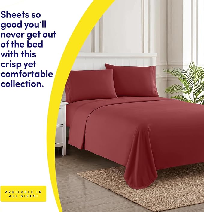 Sweet Home Collection Sheet Set, Microfiber, Burgundy, Twin XL - 3 Piece, Deep Pocket, Wrinkle & Fade Resistant