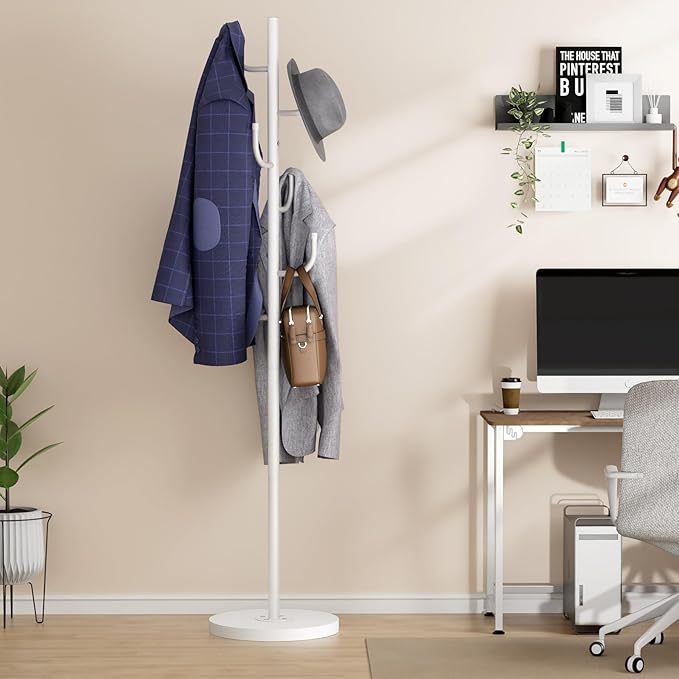 MISSLO Heavy Duty Coat Rack Freestanding 4 Adjustable Size Coat Tree with Stable Wood Base Coat Hanger Stand with 6 Hooks Standing Clothes Tree for Bedroom, White