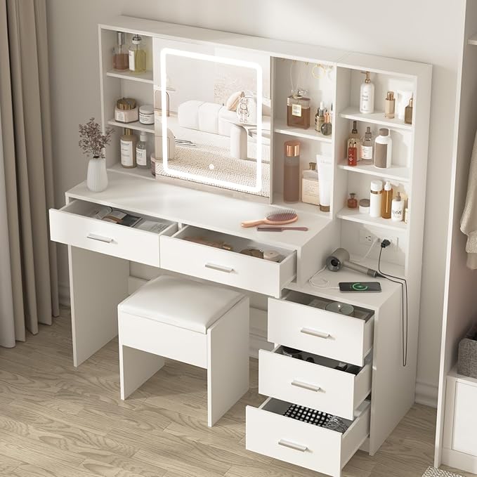 Fameill Vanity Desk with Mirror and Lights, Makeup Vanity with 5 Drawers, Makeup Desk with Charging Station and Ample Storage, Dressing Table with Chair for Bedroom Room (White)