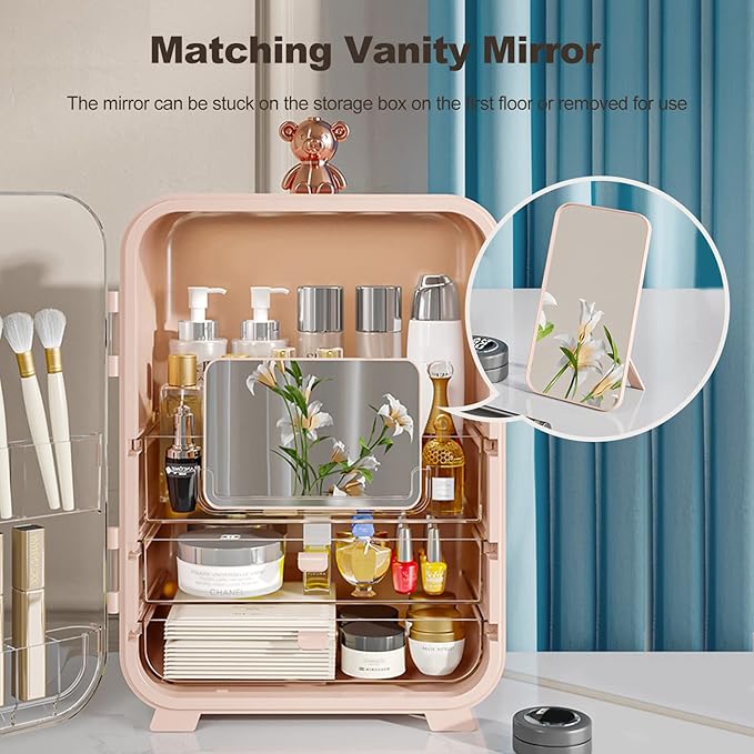 Ergocar Portable Pink Bear Series Multi-Function Make Up Case Dustproof Cosmetic Storage Box, Cosmetics Skin Care Products Jewelry Organizer Case Lipstick Box With LED Light - White