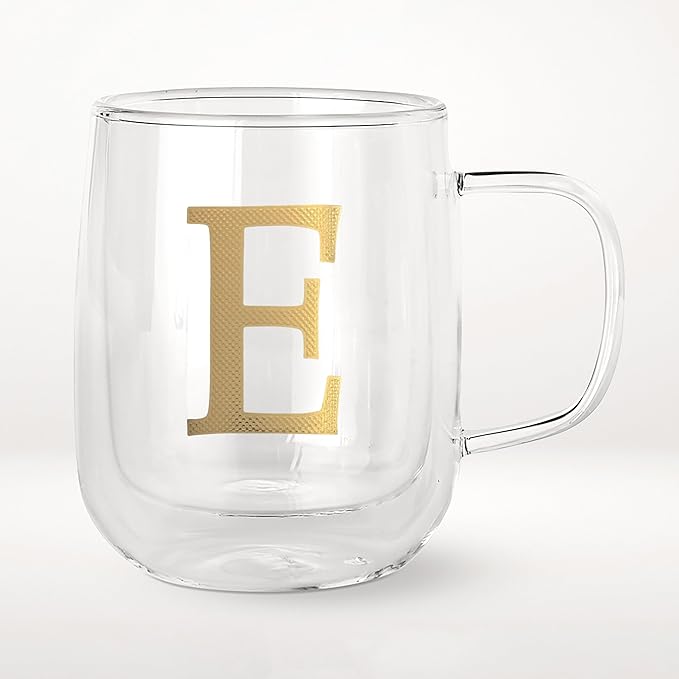 COLLECTIVE HOME - Double Walled Glass Coffee Mugs, Insulated Coffee Mug with Handle, Personalized Gifts for Women, Men, Christmas, 14 oz Monogram Cups (E)