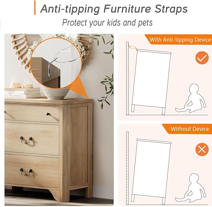 WAMPAT 3 Drawer Dresser, 31.5 Inch Wood Nightstand with Storage, Modern Oak Dresser Wood Chest of Drawers with Curved Profile Design for Bedroom, Living Room