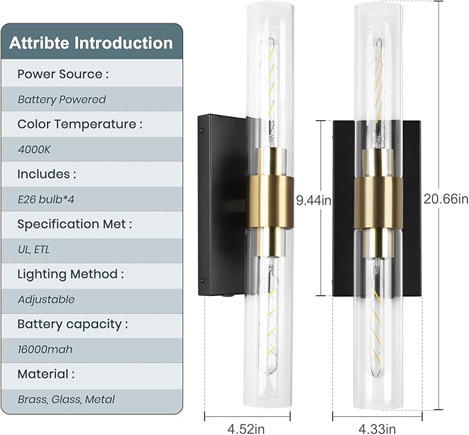 Wall Sconce Set of Two, Battery Operated Wall Sconce, Rechargeable Wall Lamp with Remote, Indoor Non-Hardwired Wall Sconces, Modern Vanity Light for for Bedroom, Hallway, Aisle