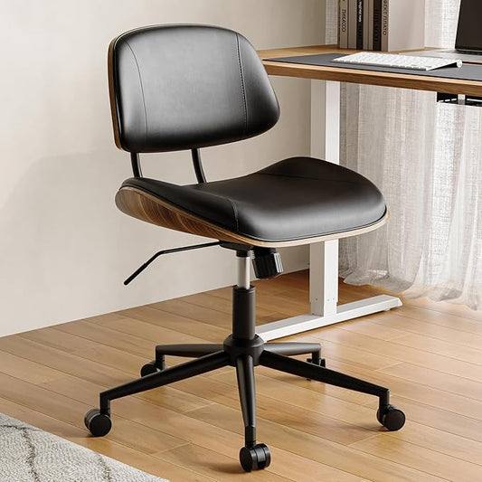 Armless Office Chair with Wheels, PU Leather Adjustable Height Desk Chair - 360° Swivel Ergonomic Computer Chair for Small Space, Modern Walnut Style, Home & Meeting Room, Black