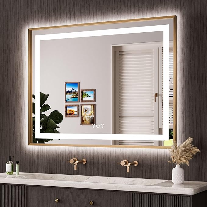 Amorho 48"X36" LED Bathroom Mirror Gold, Metal Framed Mirror with Front Light and Backlit, Stepless Dimmable, Anti-Fog, Shatter-Proof, Memory, 3 Colors