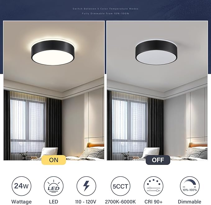 Dimmable LED Flush Mount Ceiling Light Fixture,Modern Black Round Ceiling Light,5CCT 2700K-6000K Metal Lighting for Bedroom Kitchen Hallway Laundry Room Entryway Bathroom-11.8in