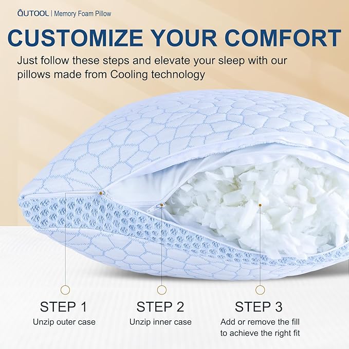 QUTOOL Enhanced Cooling Pillows for Sleeping, Shredded Memory Foam Pillows 2 Pack, Bed Pillows King Size Set of 2, Support Yet Soft Pillow for Side, Back Sleepers