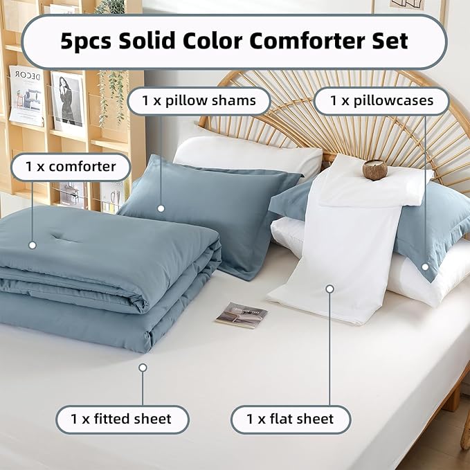 weigelia 5PCS Twin Comforter Set Microfiber Comforter Dusty Blue Comforter Sets for Women and Men Reversible Bed Set Ultra Soft All Season（Comforters, Flat & Fitted Sheets, Pillowcases & Shams）