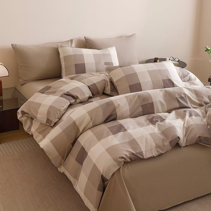 Luxlovery Checkered Khaki Beige Comforter Set Full Plaid Comforter Teens Women Gingham Grid Bedding Set Fluffy Soft Cottagecore Khaki and Cream Coffee Blanket Quilts with 2 Pillowcases Full Bed