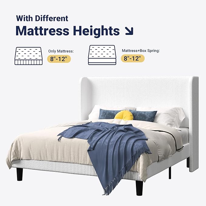 Allewie Full Size Bed Frame with Upholstered Wingback Headboard, Vertical Channel Tufted Corduroy Velvet Platform Bed, Strong Wooden Slats Support, No Box Spring Needed, Easy Assembly, Sturdy, White