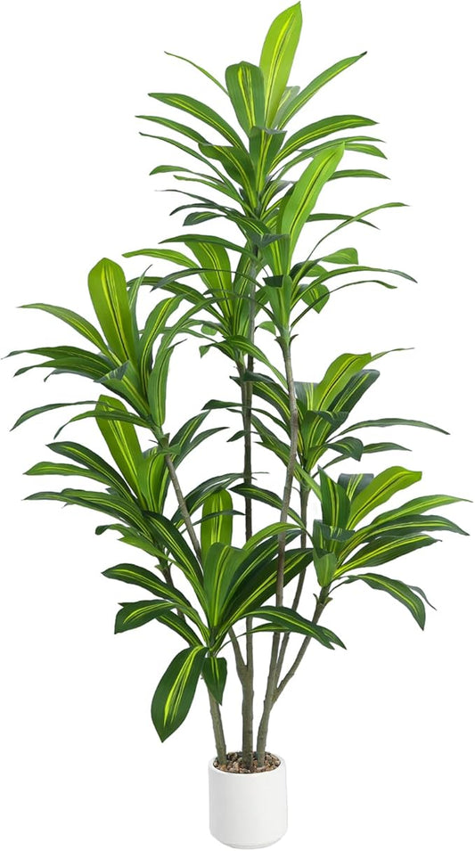 Artificial Dracaena Tree 6FT Tall, Realistic Faux Indoor Floor Plant for Home & Office Decor, White Round Planter with Decorative Stones – UPBUD