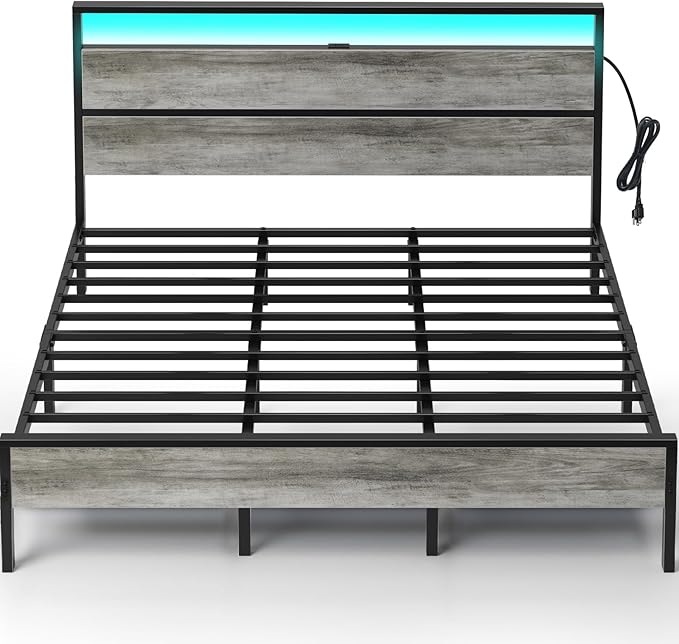 Rolanstar King Bed Frame with Headboard, Bed Frame King with LED Lights, Camas King Size Bed with Charging Station, Solid Metal Slats, Noise Free, No Box Spring Needed, Grey