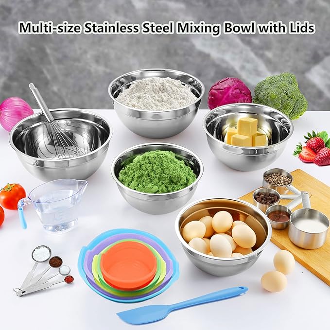 MIKULA Mixing Bowls, Mixing Bowl Set with Lids, 22PCS Large Stainless Steel Mixing Bowls & 400ML Measuring Cups Spoons Storage Nesting Metal Baking Bowl 7/6/4.5/3.5/2.5QT for Kitchen Supplies