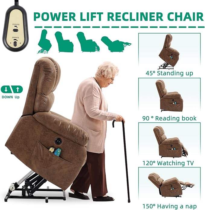 VIVIJASON Tall Man Large Power Lift Recliner Chair with Extended Footrest for Elderly, Overstuffed Wide Electric Lift Chair with Heat & Massage, 2 Remote Controls, Side Pockets & USB Ports, Brown