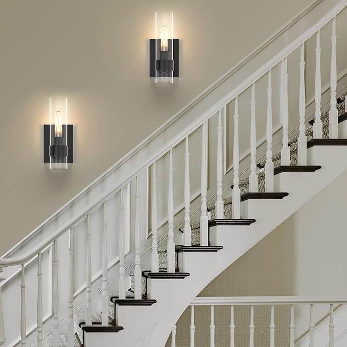 Zevluck Wall Sconces Set of 2, Matte Black Bathroom Vanity Light with Cylinder Clear Glass, Modern Hardwired Vanity Wall Lamps for Bathroom, Bedroom, Living Room, Stairs, Hallway
