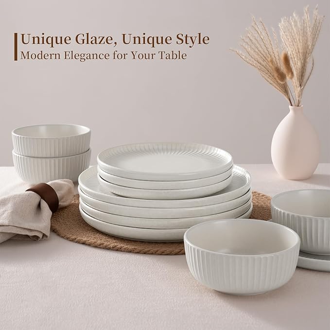 Famiware Starlight Dinnerware Sets, Plates and Bowls Dish Set of 8 (24 Pieces), Ribbed Textured Tableware - Dishwasher & Microwave Safe, Chip Resistant, Reactive Glaze, Matte Reactive White
