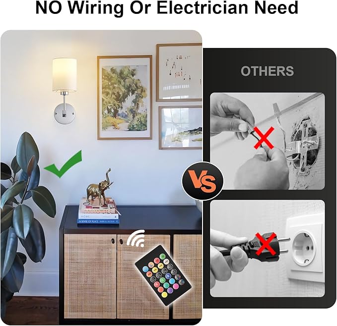 Battery Operated Wall Sconce Set of Two,Wireless Rechargeable Wall Light With Remote Control, Dimmable, 1800K/3000K/4000K/6000K/RGB, Timer, for Living Room, Bedroom, Fireplace, TV, 13.5 Inch, Chrome