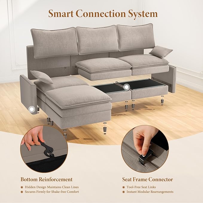 Vesgantti 108" U Shaped Sectional Couch, Comfy Cloud Modular Sectional Sofa with 2 Ottoman Deep Seat Chenille Modern Cloud Sofa, Modular Sofas for Living Room, Bedroom and Apartment, Light Brown