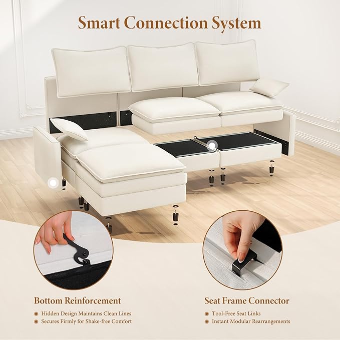 Vesgantti Large Modular Sectional Sofa, Big Comfy Cloud Couch with Ottoman Deep Seat Chenille Cloud Sofa, 9 Seater Large Sectional Couches for Living Room, Bedroom and Apartment, Snow White