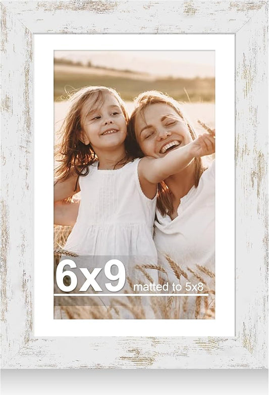 6x9 Picture Frame with Glass, Display Pictures 5x8 with Mat or 6 x 9 without Mat - Wall and Tabletop, 6 by 9 Photo Wooden Frames (Distressed White, 1 Pack)