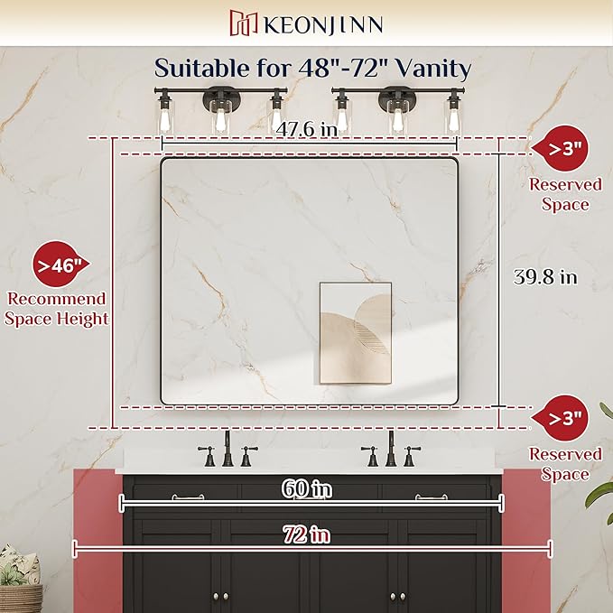 Keonjinn Black Framed Mirrors for Bathroom 48” x 40” Large Rounded Rectangle Wall Mirror, Matte Black Farmhouse Bathroom Vanity Mirror with Seamless Metal Frame, HD Tempered Glass(Horizontal/Vertical)