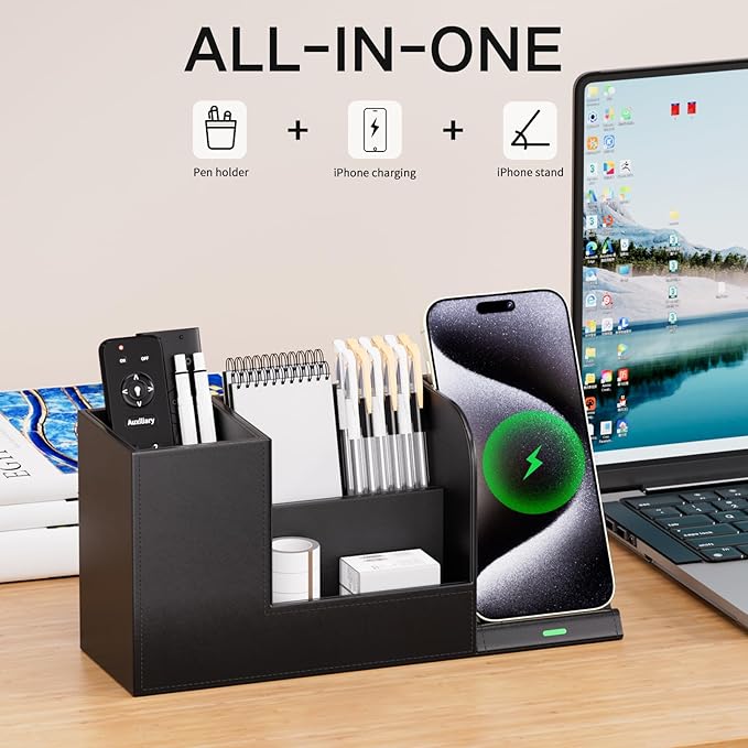 Pen Organizer with Phone Stand,Black Vegan Leather Desk Organizers with Remote Control Holder,Pencil Holder for Desk,Desk Organizer with Phone Charger for Office/Nightstand/Endtable
