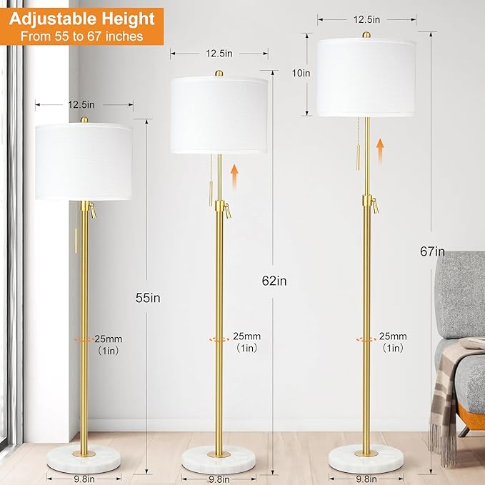 Modern Floor Lamp for Living Room, Adjustable Height Standing Lamp with Marble Base, 3-Way Dimmable Gold Brass Tall Pole Light with White Linen Shade for Reading, Bedroom, Chain Switch, Bulb Included
