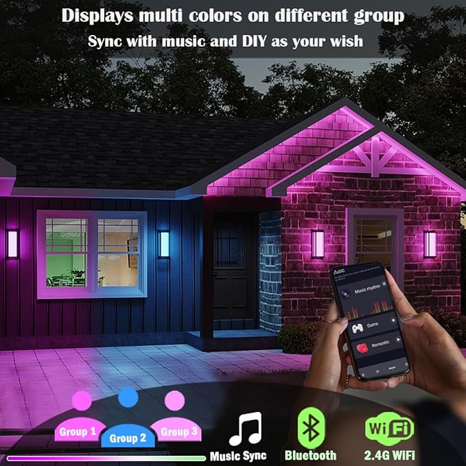 Color Changing Outdoor Wall Lights, Ambiance Exterior Wall Lights Up Down Lights Outdoor, Waterproof Square Porch Lights 2.4GHz WiFi APP Control Outdoor Light Fixture for Home Theater