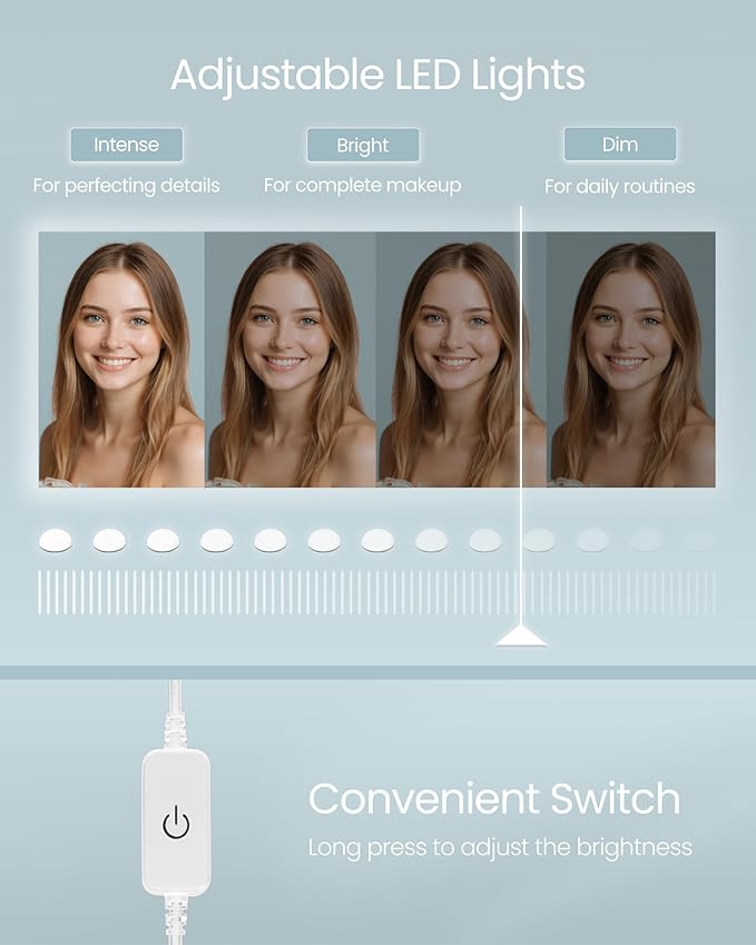 VASAGLE Kailyn Collection - Vanity Desk with Power Outlets and LED Lights, 35.4-Inch Wide Makeup Table with Mirror, Drawer and Cabinet, for Bedroom, Cloud White URDT128WB01V1S