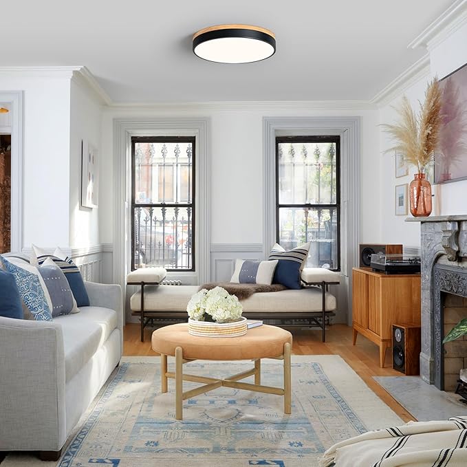 Modern Dimmable LED Close to Ceiling Light Minimalist Wood Oak Flush Mount Ceiling Light Fixture Circle Lighting for Bedroom Living Room Bathroom Laundry Room (Black, 15.7'')