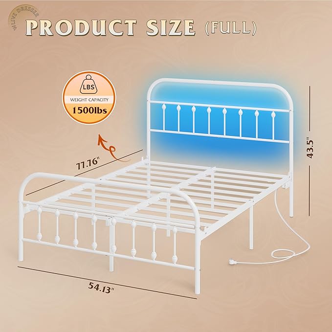 WLIVE Full Size Bed Frame with Headboard, Full Bed Frame with LED Lights and Charging Station, Metal Platform Bed with Storage, White