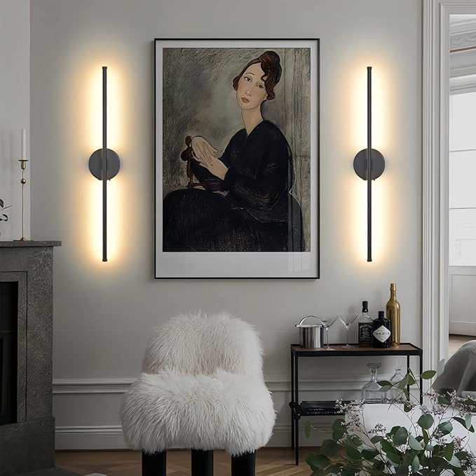 Wall Sconces Battery Operated Set of 2, Black LED Wireless Wall Sconce with Remote Control 350° Rotating, 27.6 Inch Dimmable USB Rechargeable Wall Lights for Living Room Bedroom Hallway