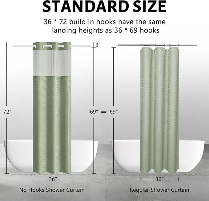 Furlinic Sage Green Small Stall No Hook Shower Curtain with Snap in Liner,Waffle Weave Heavy Duty Fabric Waterproof Bathroom Curtains,Washable Shower Curtain Set with See Through Window 36x72 Inch
