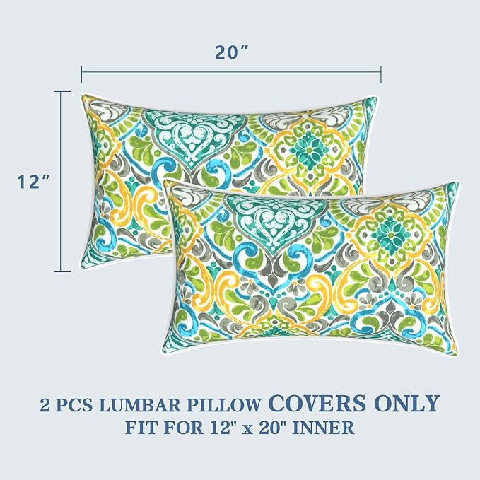 LVTXIII Outdoor Lumbar Pillow Covers 12"x20", Covers ONLY, 2 Pack 30x50cm Lumbar Cushion Cover with White Piping for Home Patio Garden Sofa Bench, Damask Green