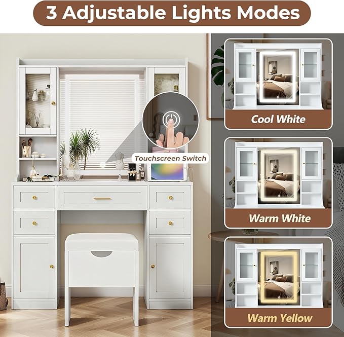 Saiveina 41.4" Makeup Vanity Desk with Mirror and Lights, Dressing Table with 4 Cabinets, 5 Drawers, Power Outlets and Cushioned Storage Stool, 3 Lighting Modes Vanity Table for Bedroom(White)