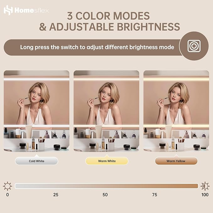 Modern White Makeup Vanity Desk with Adjustable Lights, Mirror, and Storage - Complete Vanity Set with Drawers, Shelves, and Stool