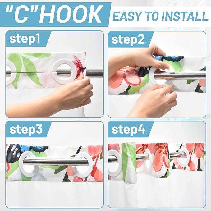 No Hook Shower Curtain with Snap in Liner - Fabric Waterproof Inner Liner, Plants Pink Floral Blue Nature Birds Cloth Shower Curtains Washable, 71 x 74 Inch