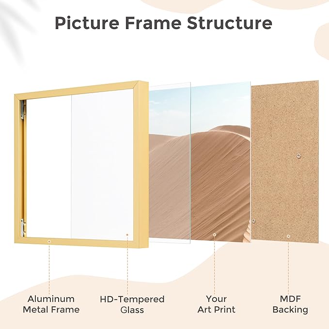 7x7 Metal Picture Frame - Gold Aluminum Square Frames with Real Glass, Wall Mounting Horizontally or Vertically, Simple and Elegant Decor for Wall Gallery Poster Photo Frames, Gold